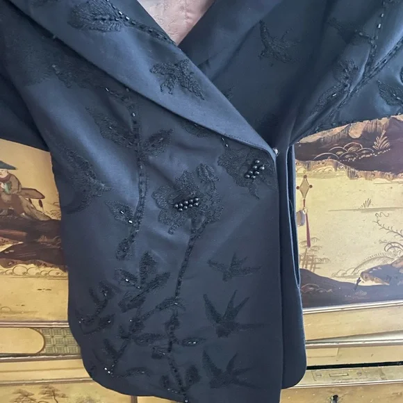 TRACY REESE Black Beaded Embroidered Silk Capelet Wrap Stole Hollywood Glamour M - Picture 4 of 11